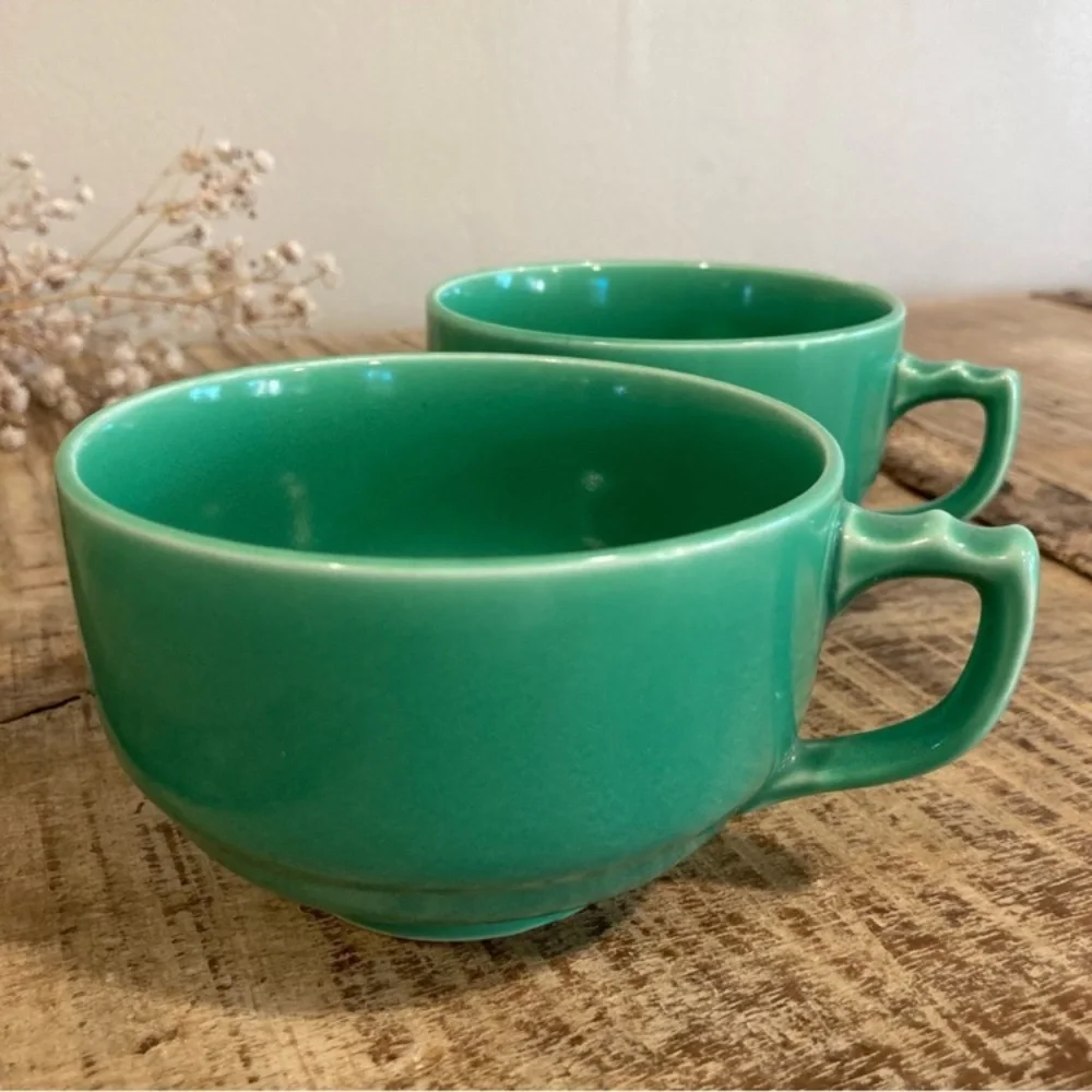 2 Homer Laughlin Riviera Light Green Art Deco Tea Cups Vintage - Picture 3 of 12
